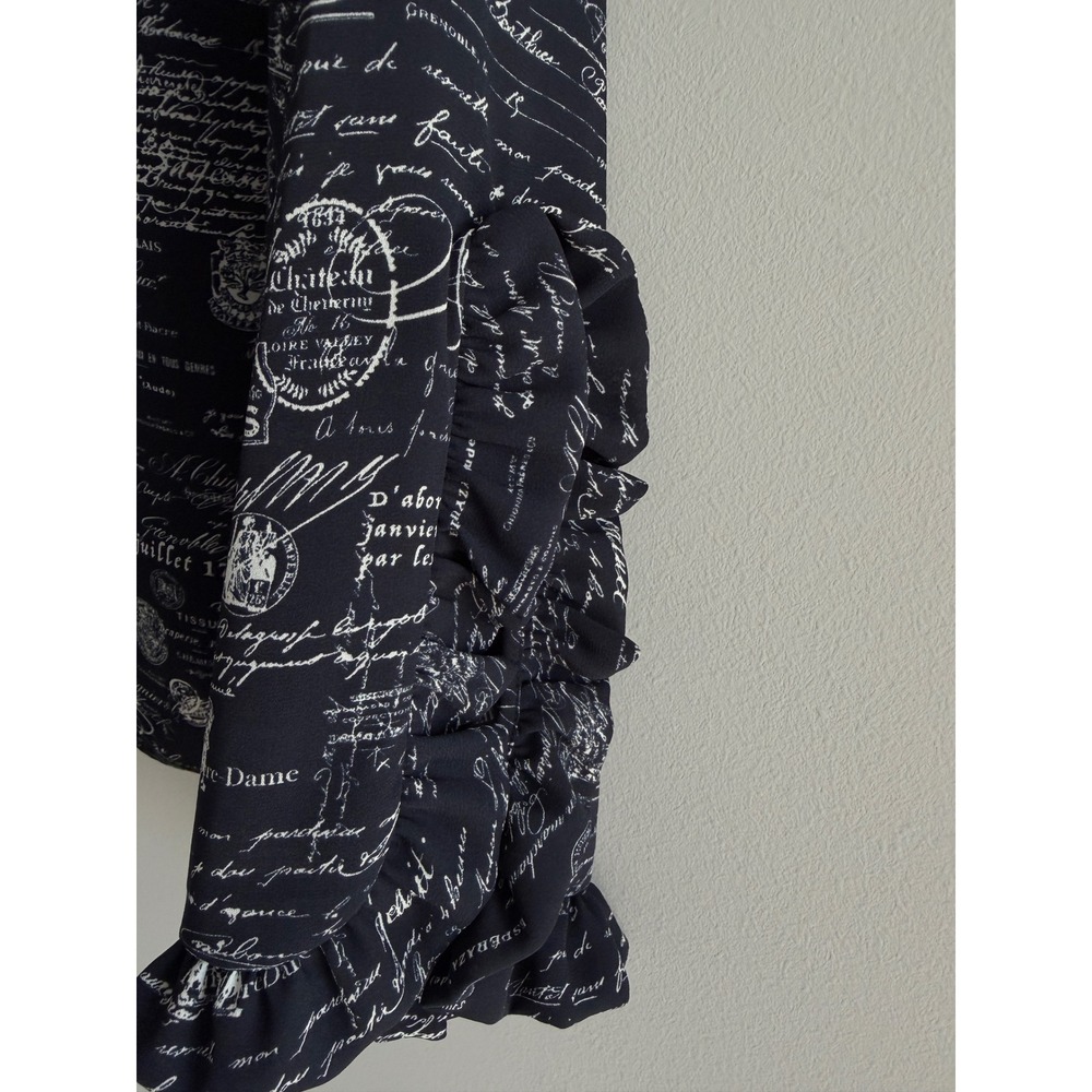Tahari French Script Postmark Print Ruffle Cuff Blouse Black White Long Sleeve - Picture 4 of 11